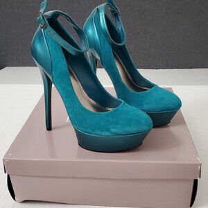 Bakers Pump Heels 6.5 M Teal Tandy Stilettos Faux Suede Patent Leather Platform‎